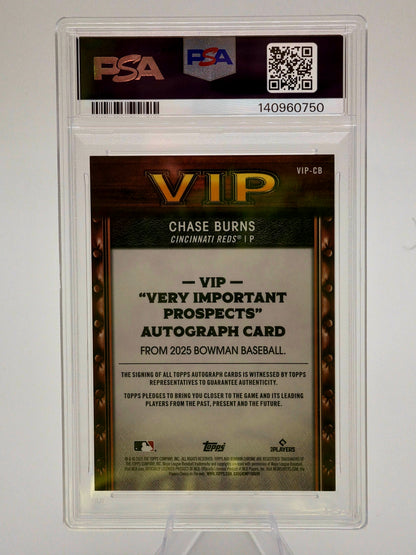🔥 POP 1 🔥 2025 Bowman Chase Burns Very Important Prospects Orange Refractor Autograph 11/25 #VIP-CB PSA 10 Cincinnati Reds