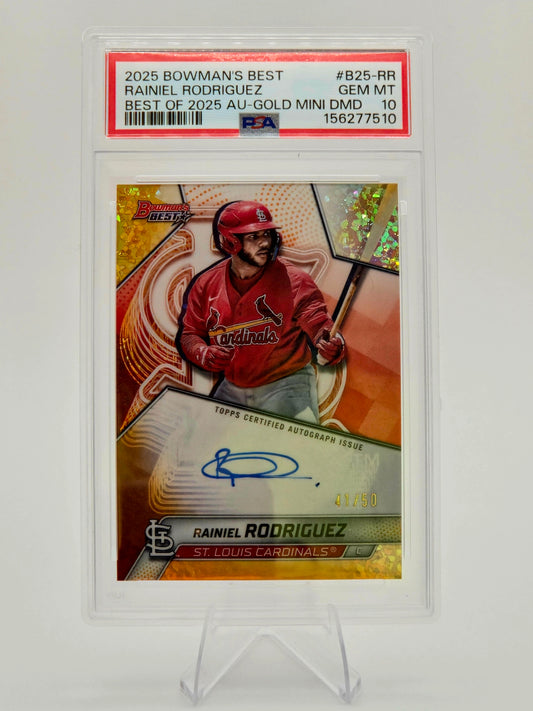 2025 Bowman's Best Rainiel Rodriguez Best of 2025 Gold Mini-Diamond Autograph 41/50 #B25-RR PSA 10 Cardinals