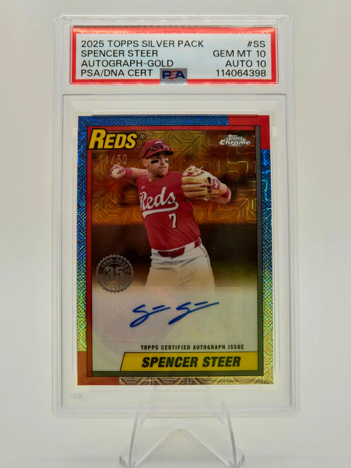 2025 Topps Silver Pack Spencer Steer Gold Autograph 24/50 #SS PSA 10 Auto 10 Cincinnati Reds