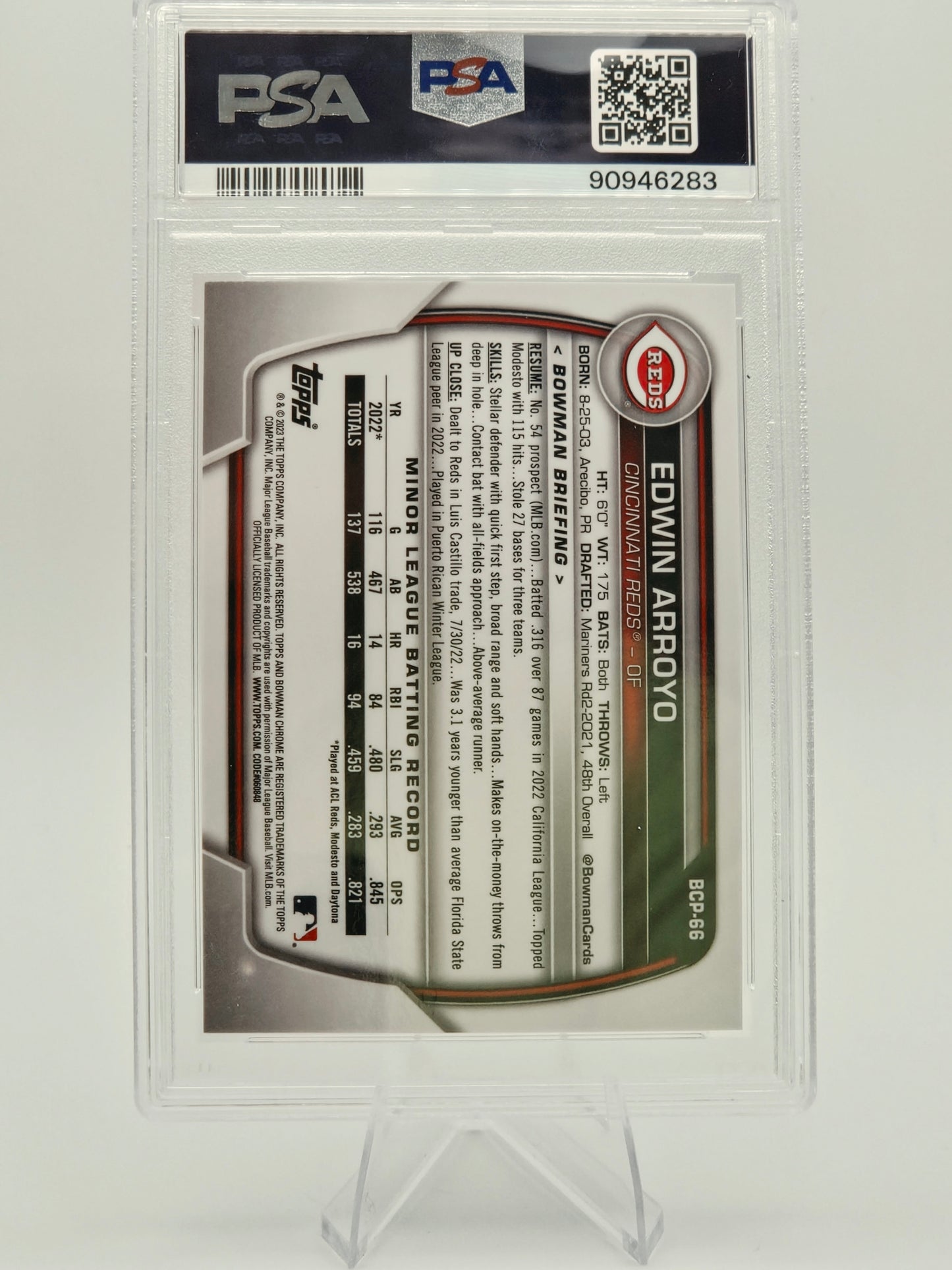 2023 Bowman Chrome Sapphire Edwin Arroyo Red Sapphire 07/10 #BCP-66 PSA 10 Cincinnati Reds