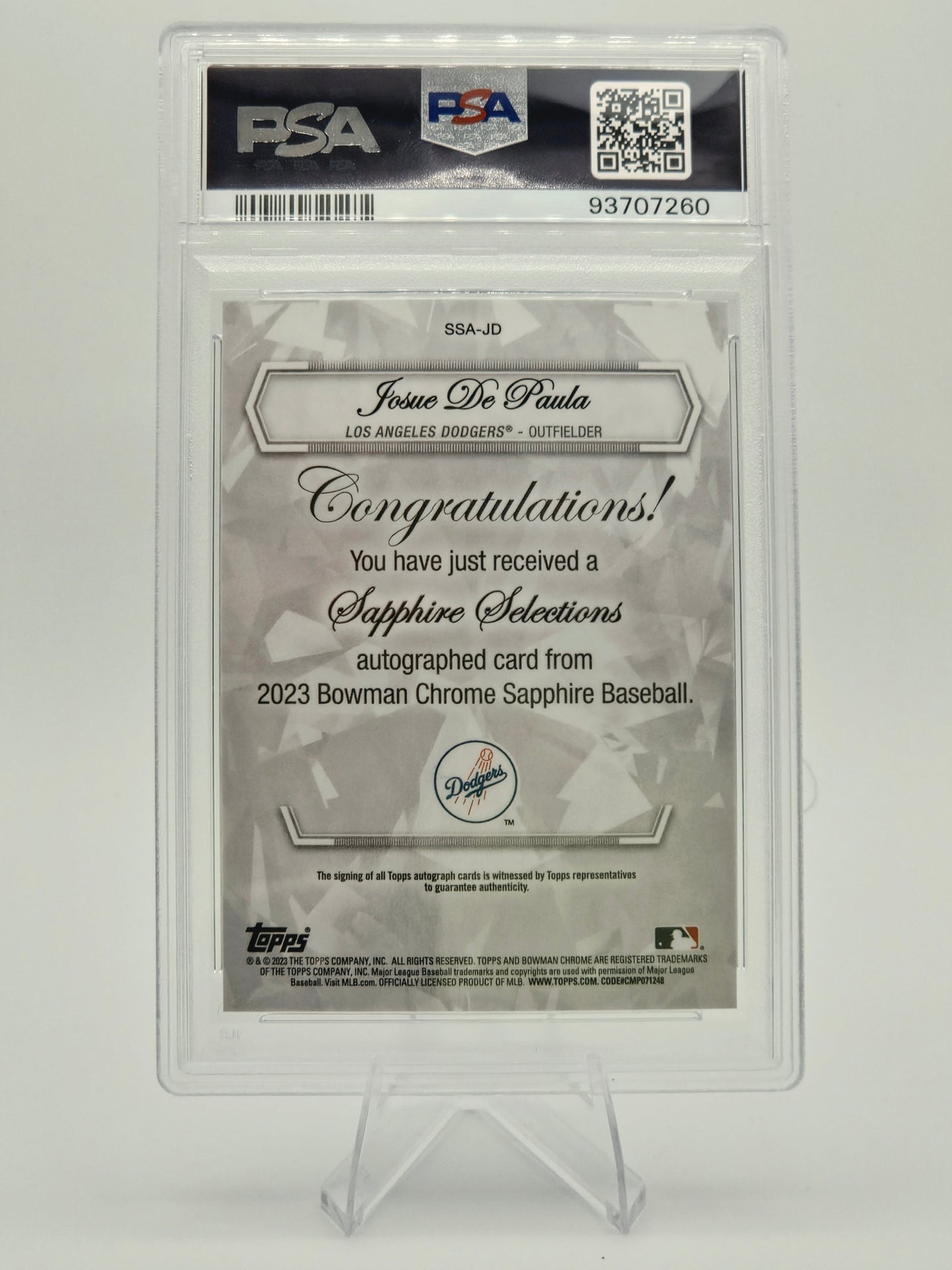 2023 Bowman Chrome Sapphire Josue De Paula Sapphire Selections Autograph 19/25 #SSA-JD PSA 10 Dodgers