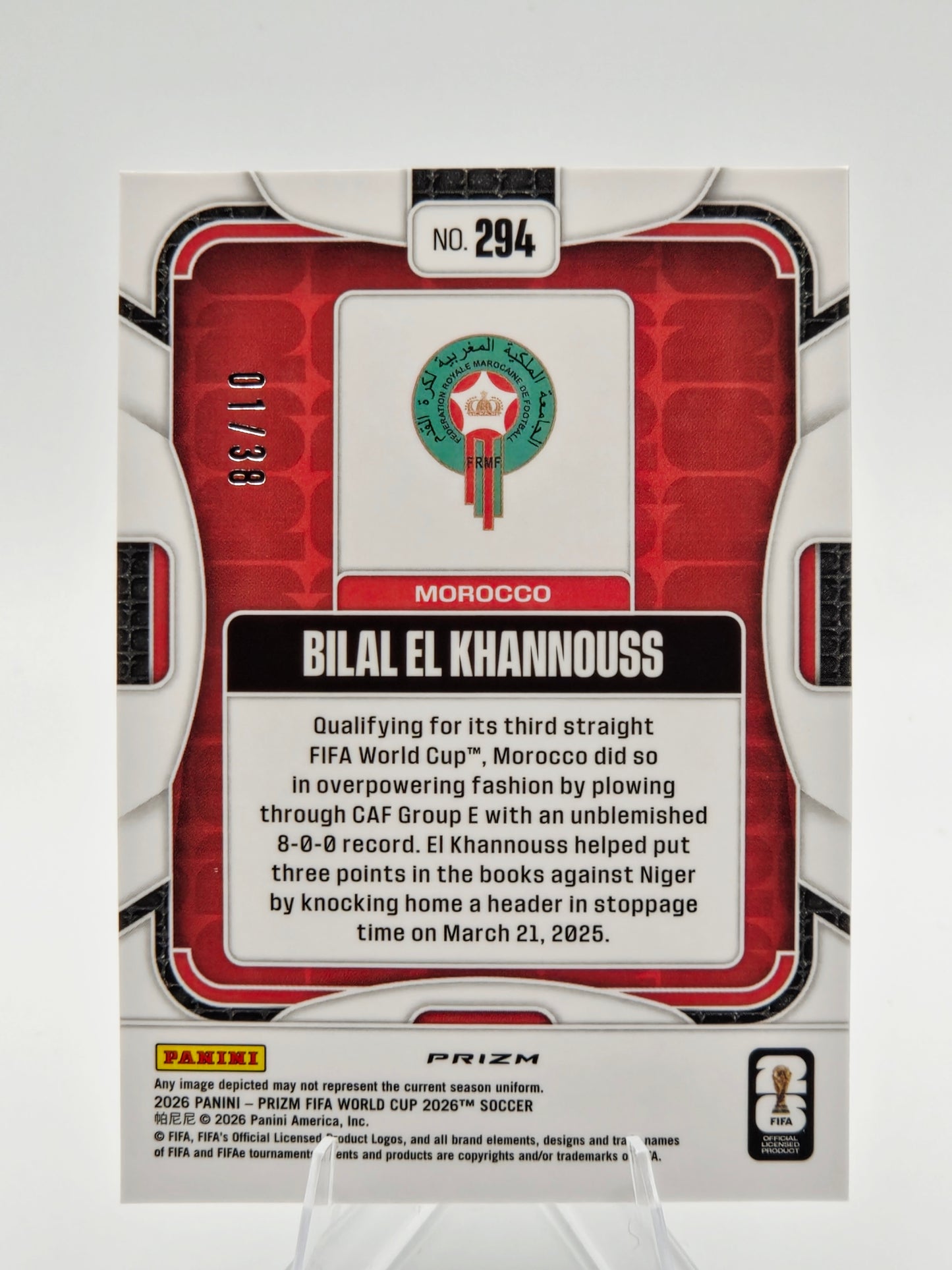 FIRST ON PRINT 2026 Panini Prizm FIFA World Cup Bilal El Khannouss Choice Blue Prizm 01/38 #294 Morocco