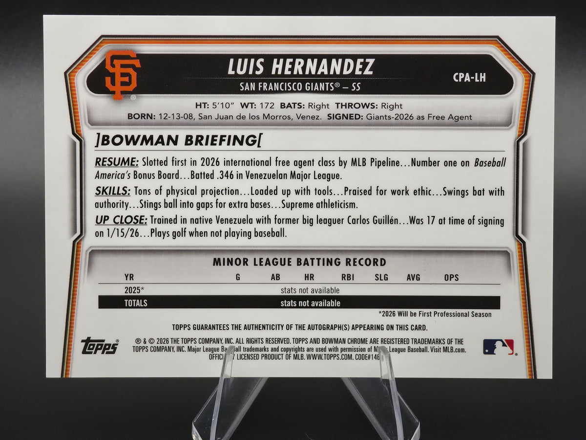 2026 Bowman Chrome Luis Hernandez 1st Bowman Speckle Refractor Autograph 228/299 #CPA-LH San Francisco Giants