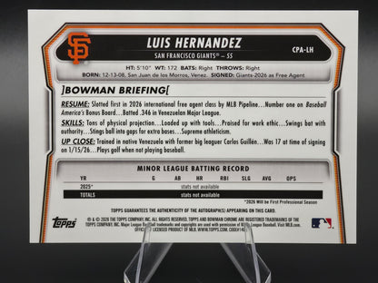 2026 Bowman Chrome Luis Hernandez 1st Bowman Speckle Refractor Autograph 228/299 #CPA-LH San Francisco Giants