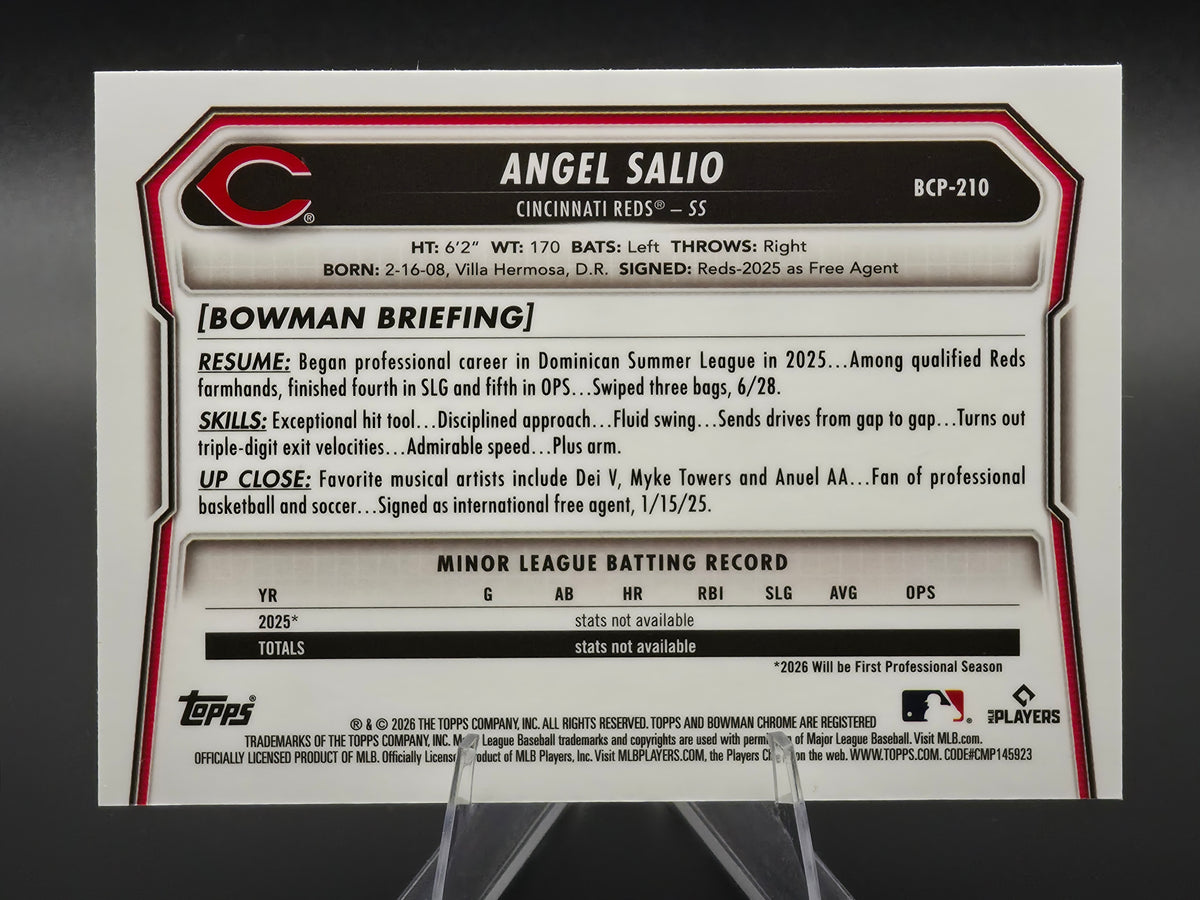 2026 Bowman Chrome Angel Salio 1st Bowman Bread Refractor #BCP-210 Cincinnati Reds
