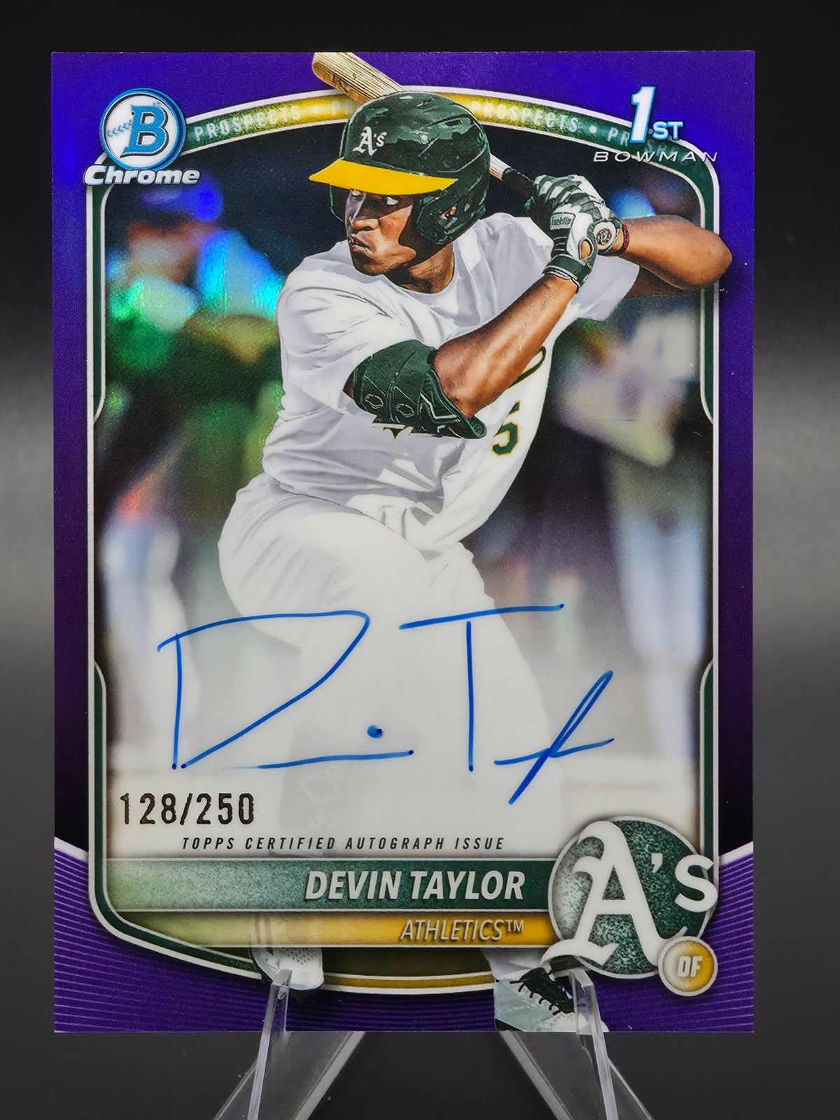 2025 Bowman Draft Chrome Devin Taylor 1st Bowman Purple Refractor Autograph 128/250 #CPA-DT Athletics