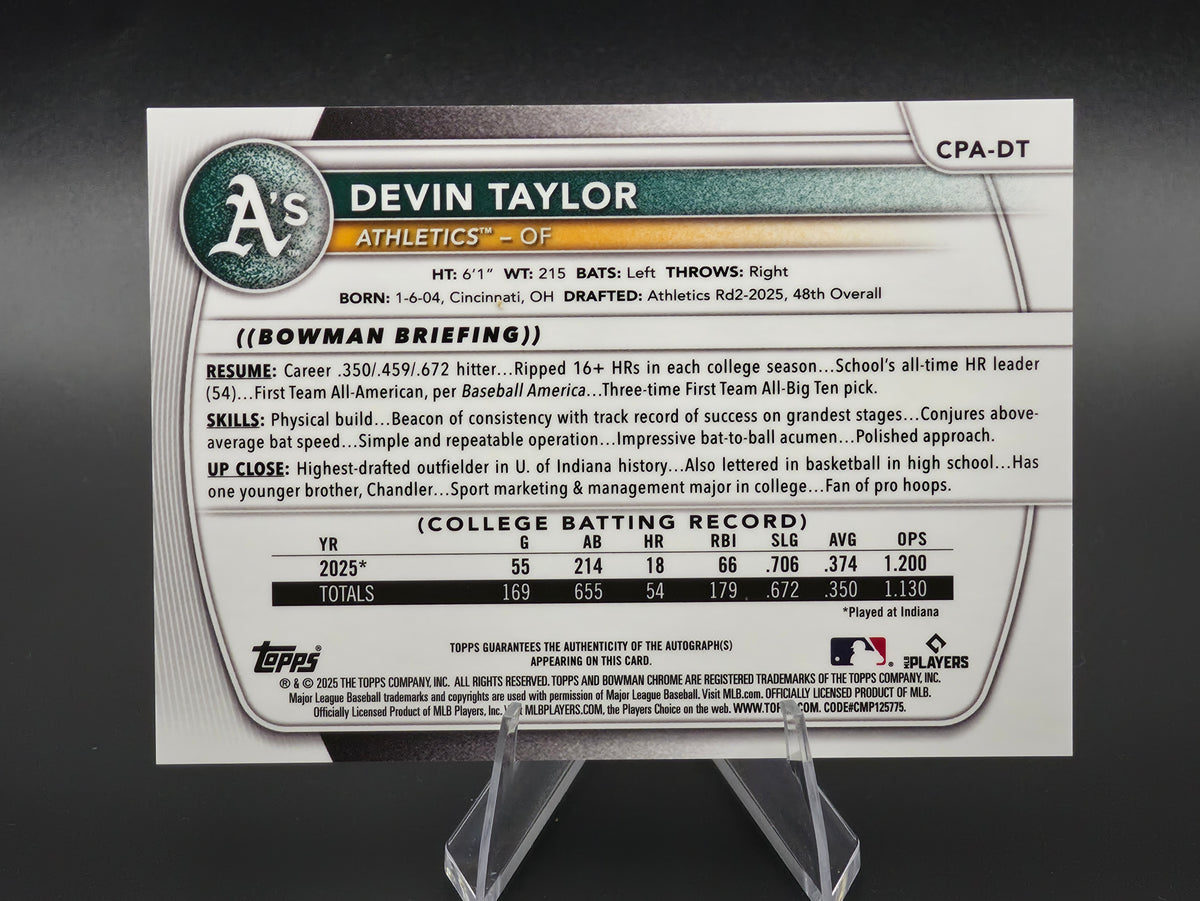 2025 Bowman Draft Chrome Devin Taylor 1st Bowman Purple Refractor Autograph 128/250 #CPA-DT Athletics