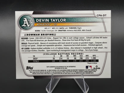2025 Bowman Draft Chrome Devin Taylor 1st Bowman Purple Refractor Autograph 128/250 #CPA-DT Athletics