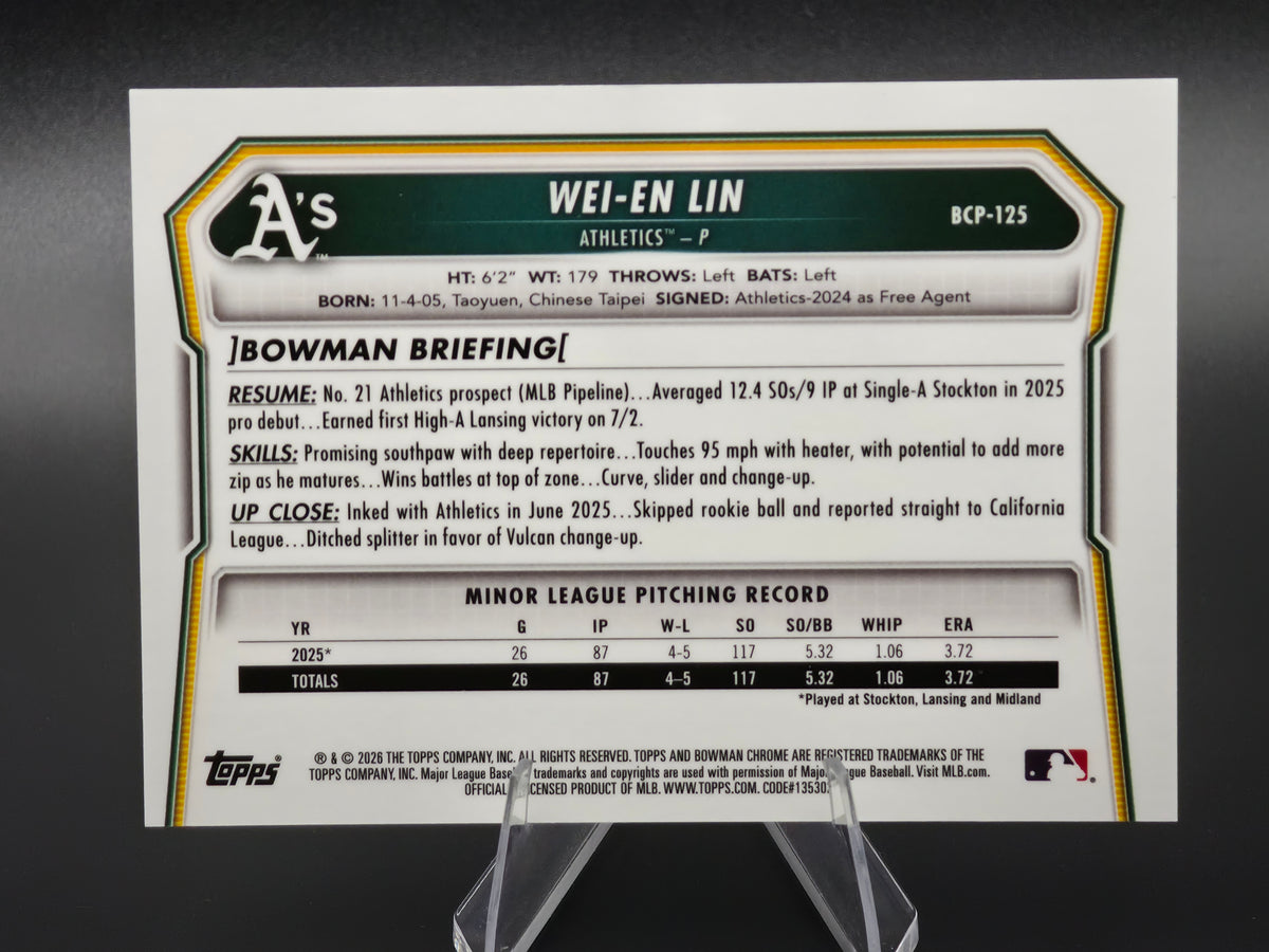 2026 Bowman Chrome Wei-En Lin 1st Bowman Aqua Wave Refractor 079/125 #BCP-125 Athletics