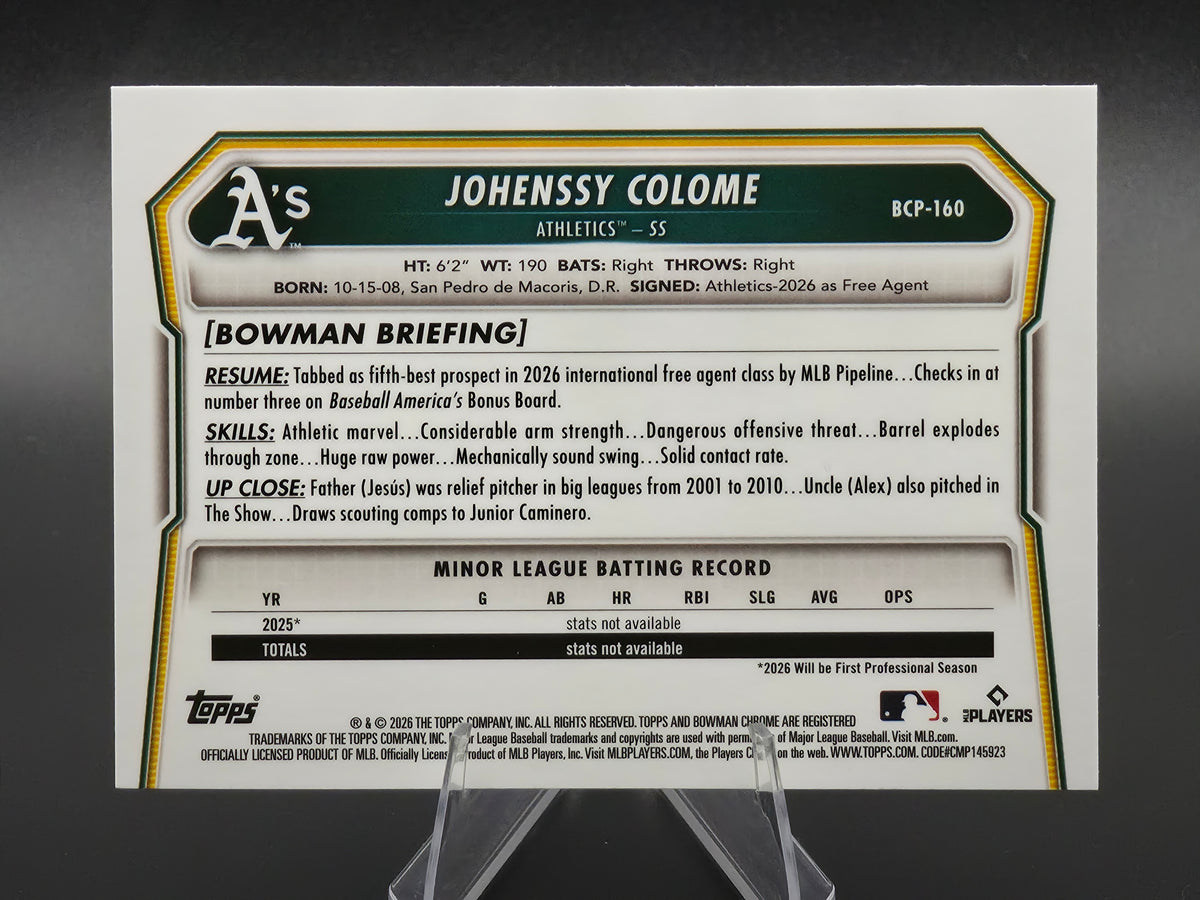 2026 Bowman Chrome Johenssy Colome 1st Bowman #BCP-160 Athletics