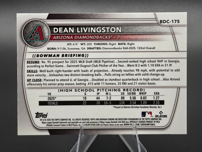 2025 Bowman Draft Chrome Dean Livingston 1st Bowman Purple Refractor 072/250 #BDC-175 Arizona Diamondbacks