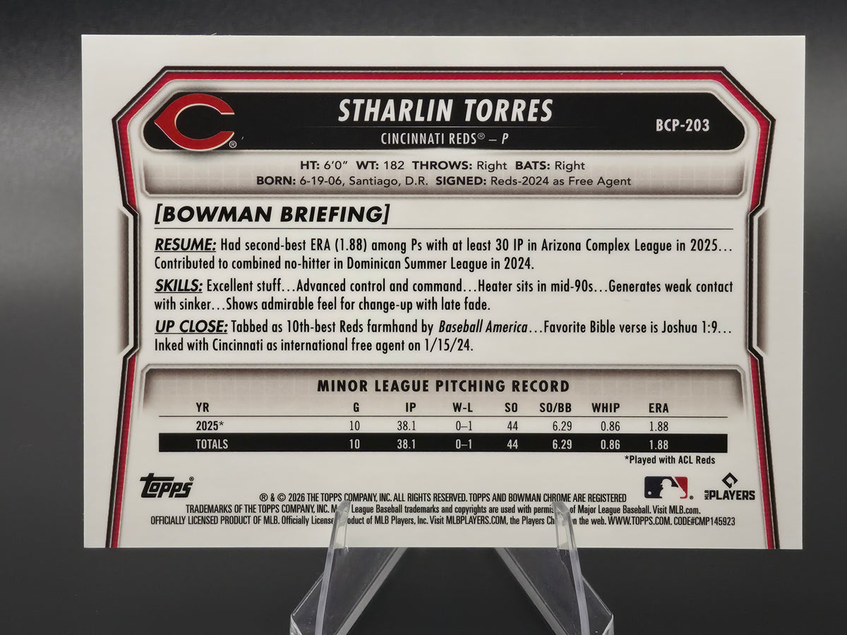 2026 Bowman Chrome Stharlin Torres 1st Bowman Gold Wave Refractor 06/50 #BCP-203 Cincinnati Reds