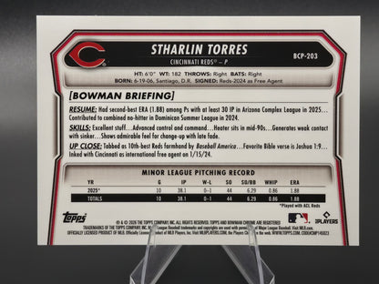 2026 Bowman Chrome Stharlin Torres 1st Bowman Gold Wave Refractor 06/50 #BCP-203 Cincinnati Reds