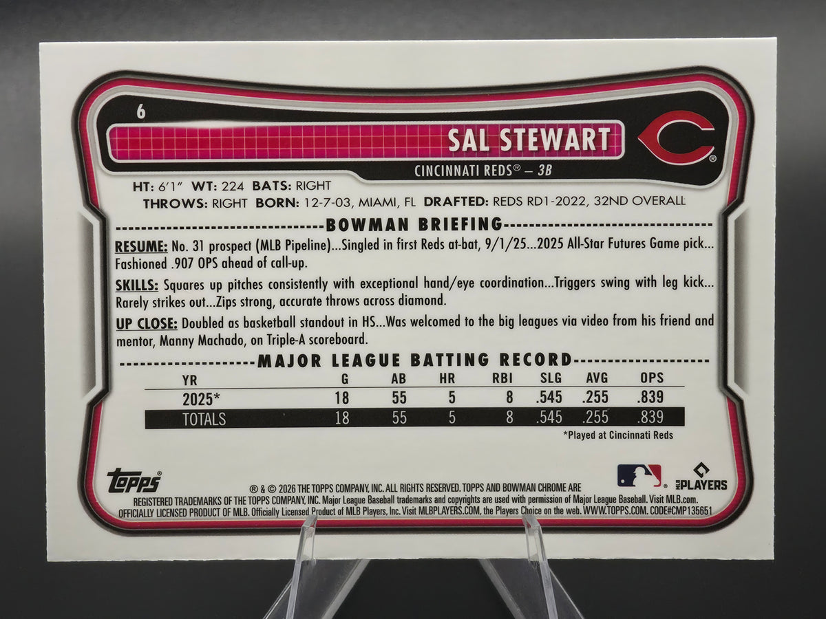 2026 Bowman Chrome Sal Stewart RC Mojo Refractor #6 Cincinnati Reds