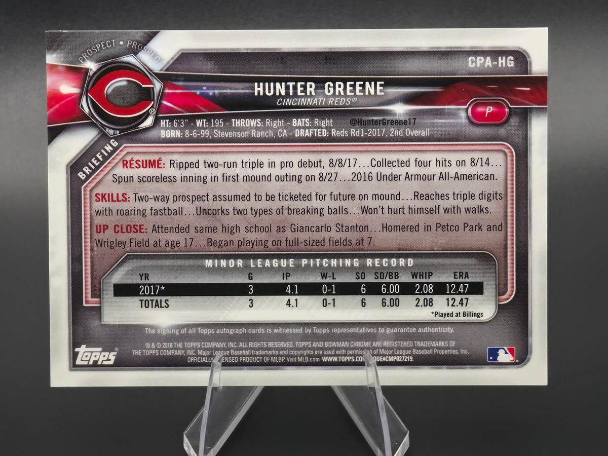 2018 Bowman Chrome Hunter Greene 1st Bowman Autograph #CPA-HG Cincinnati Reds
