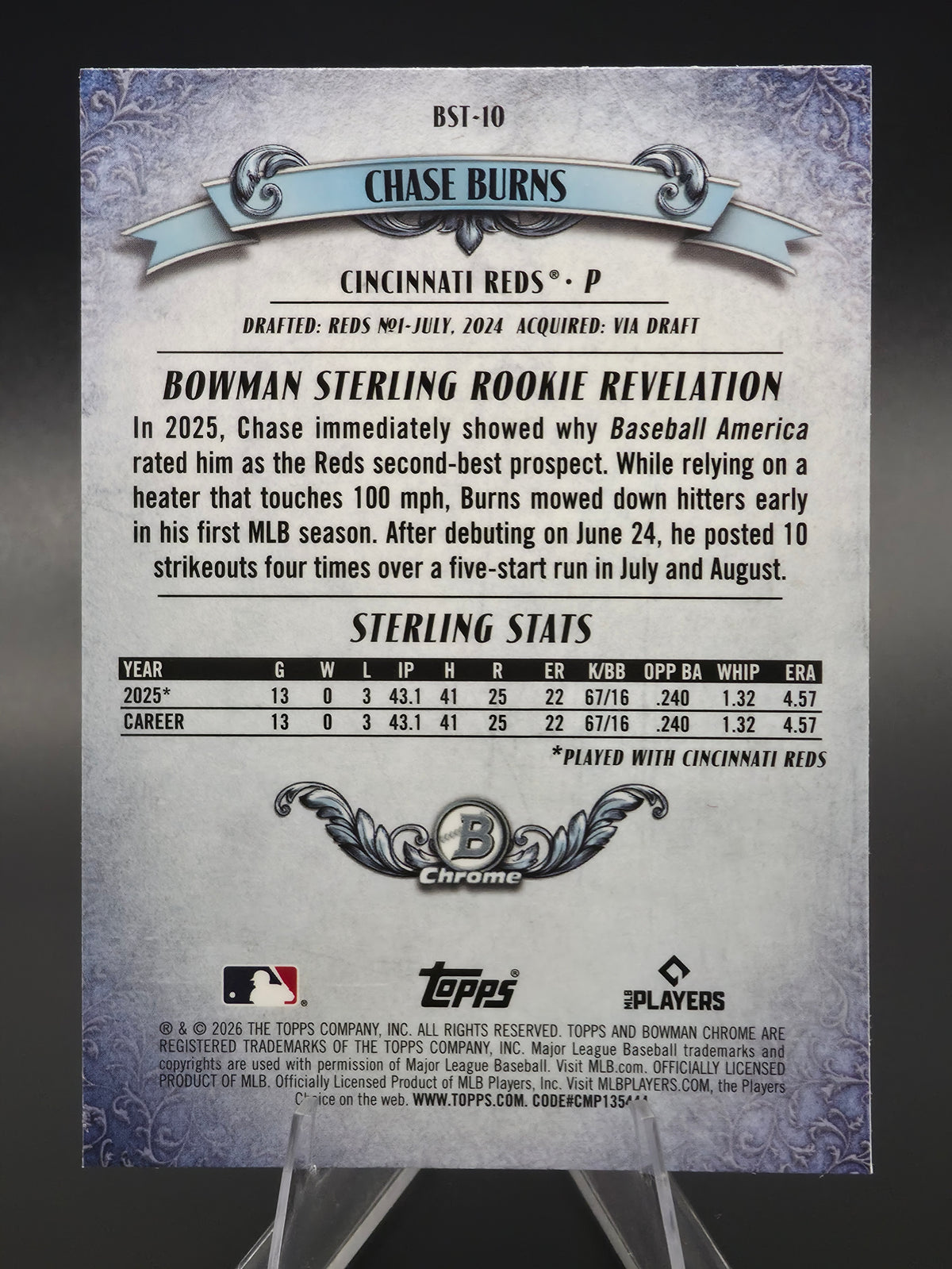 2026 Bowman Chrome Chase Burns RC Bowman Sterling #BSI-10 Cincinnati Reds