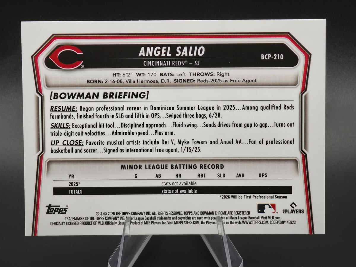2026 Bowman Chrome Angel Salio 1st Bowman #BCP-210 Cincinnati Reds