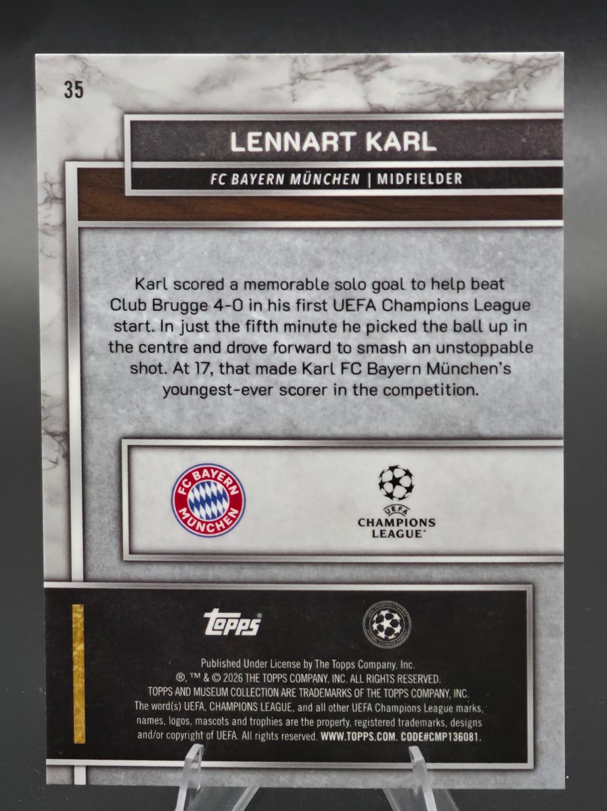 2025-26 Topps Museum Collection UEFA Club Competitions Lennart Karl RC Bronze 01/10 #35 FC Bayern München