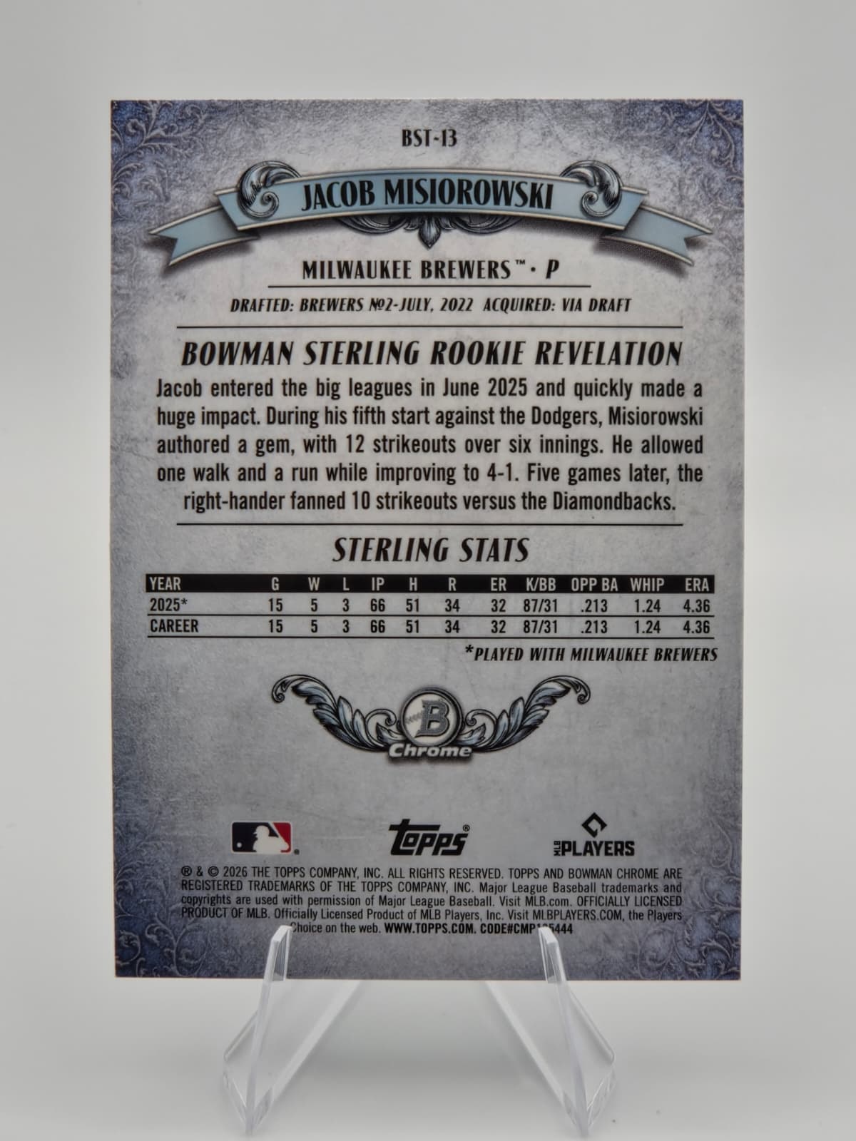 2026 Bowman Sterling Jacob Misiorowski Refractor Rookie #BST-13 Milwaukee Brewers