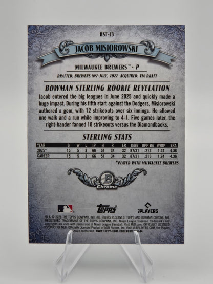 2026 Bowman Sterling Jacob Misiorowski Refractor Rookie #BST-13 Milwaukee Brewers