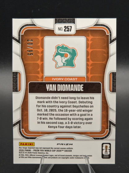 2026 Panini Prizm FIFA World Cup Yan Diomande Purple Wave Rookie 20/95 #257 Ivory Coast